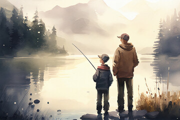 Father and son fishing together on lake - watercolor painting created with Generative AI - obrazy, fototapety, plakaty
