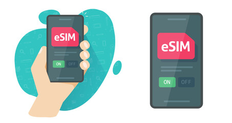 Sim card use in cell phone technology vector graphics illustration, esim digital chip tech using in mobile cellphone app, smart telephone smartphone screen embedded-sim on off button image - obrazy, fototapety, plakaty