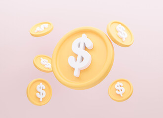 Floating Gold Coins on pink background, 3D rendering illustration.