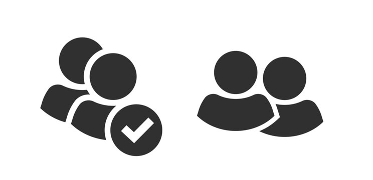 Two people users icon vector pictogram silhouette shape graphic, 2 community group profile member checkmark added to team ui symbol, couple unity check verified mark black white pic image