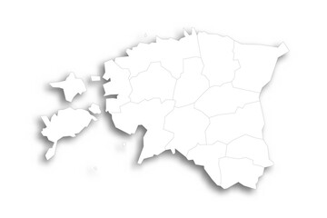 Estonia political map of administrative divisions - counties. Flat white blank map with thin black outline and dropped shadow.