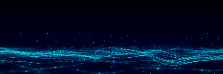 Dynamic wave with connected dots and lines. Digital wave background concept. Abstract technology background. Big data visualization. 3D rendering.