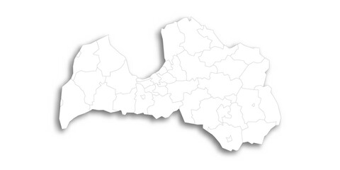 Latvia political map of administrative divisions - municipalities and cities. Flat white blank map with thin black outline and dropped shadow.