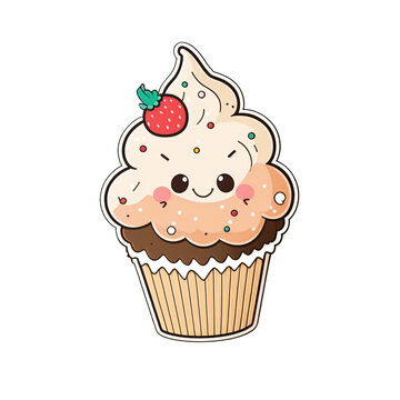cupcake, dessin kawaii, façon sticker, trop mignon et gourmand, IA générative