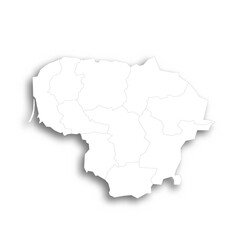 Lithuania political map of administrative divisions - counties. Flat white blank map with thin black outline and dropped shadow.