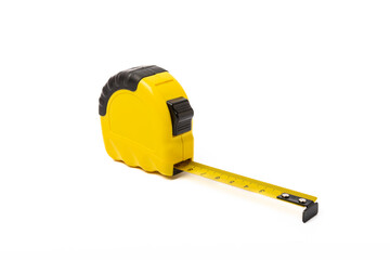 Yellow measuring tape isolated on white background.