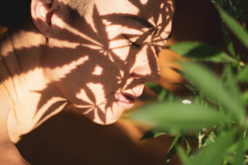 Marijuana leaves cast shadow on peaceful human face