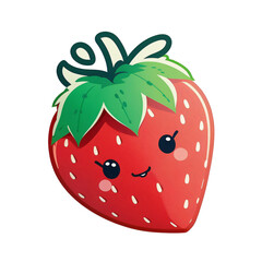 Obraz premium fraise kawaii façon sticker, logo , icone, sans fond, png, IA générative
