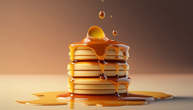  Minimalist 3D render of a stack of fluffy pancakes with melted butter and syrup drizzling down the sides | soft pop | generative AI