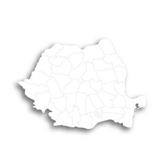 Romania political map of administrative divisions - counties and autonomous municipality of Bucharest. Flat white blank map with thin black outline and dropped shadow.