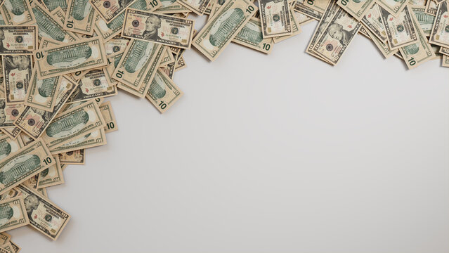 Ten Dollar Bills Border on White Surface. Savings Background with copy-space.