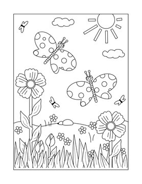 Spring or summer joy themed coloring page with butterflies, flowers, grass.
