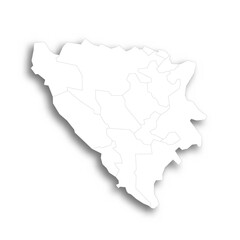 Bosnia and Herzegovina political map of administrative divisions - cantons of Federation of Bosnia and Herzegovina and Republika Srpska. Flat white blank map with thin black outline and dropped shadow