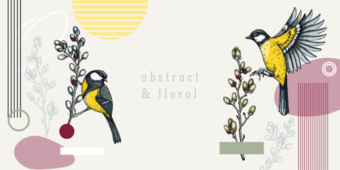 Collage style spring background design. Flying great tit and willow branches vector sketches. Hand drawn passerine bird illustration, floral elements and geometric shapes. Trendy wildlife banner - obrazy, fototapety, plakaty