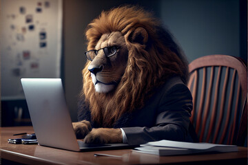 Business Lion in glasses uses a laptop. AI generated.