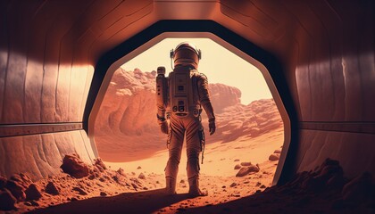 astronaut on mars looks into the distance, standing with his back to the tunnel. Generative AI