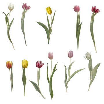 Multi-colored tulips on a transparent background, PNG illustration of flowers. Clip Art Plants
