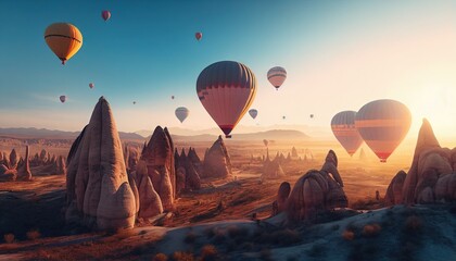 Landscape sunrise in Cappadocia with a set of colorful hot air balloons flying in the sky with sunlight. Generative AI