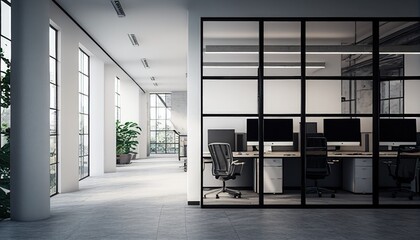 Modern urban company office indoor building interior with workstation and empty white wall. Generative AI