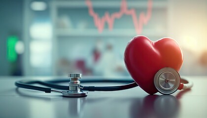 Red heart with doctor physician's stethoscope on hospital background. Generative AI