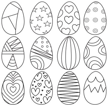 Happy Easter background with patterned eggs, flowers and butterfly for coloring book page. Vector illustration.