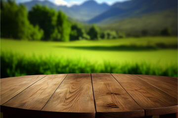 Fototapeta premium Wooden table against the background of green meadows. AI generated.