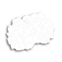 North Macedonia political map of administrative divisions - municipalities. Flat white blank map with thin black outline and dropped shadow.