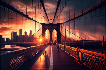 Sunrise over the Brooklyn Bridge in New York, USA. AI generated.