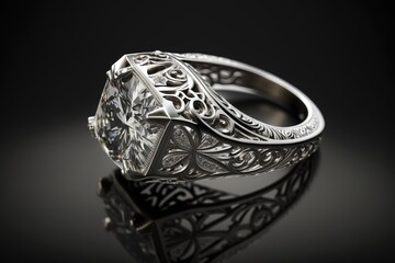 Chic white gold jewelry ring with diamonds on a black background. Realistic AI generative