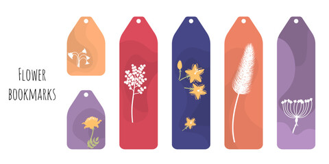 Set of 6 colorful bookmarks with decorative hand draw flowers and plants. Flat style botanical illustration. Minimalistic bookmark templates for reading. Isolated on white background. - obrazy, fototapety, plakaty