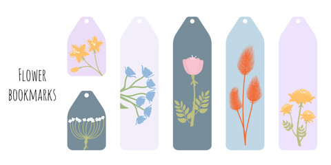 Set of 6 bookmarks in aesthetic colors and decorative hand draw flowers and plants. Flat style botanical illustration. Minimalistic bookmark templates for reading. Isolated on white background.