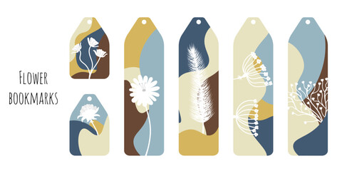 Set of 6 bookmarks with colored waves and white flowers. Elegant colors palette. Bookmark templates for reading. White line botanical illustration. Isolated on white background.