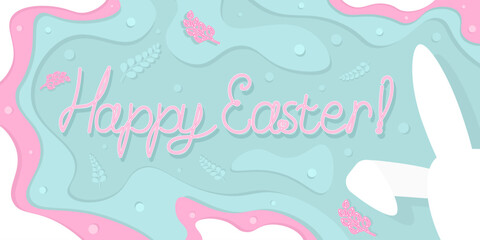 Happy Easter banner with neon lettering, rabbit silhouette and flat-lay on the background. Vector horizontal background for the Easter holiday. Handwritten text and plants in neon style.