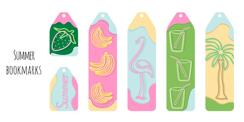 Set of 6 bookmarks with colorful spots and summer neon elements. Bookmark templates for reading. Minimalistic design. Bright and positive colors. Isolated on white background.