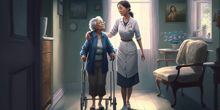 Elderly care concept. A young female nurse, helping a healthy senior woman with her healthcare needs. Providing care and support with compassionate and dedicated healthcare professional. generative ai