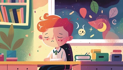Illustration d'un enfant HPI, TDA, TDAH ou autiste qui s'ennuie et dort en classe