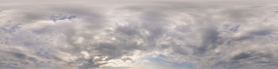 Overcast sky panorama on rainy day with Nimbostratus clouds in seamless spherical equirectangular format. Full zenith for use in 3D graphics, game and for aerial drone 360 degree panorama as sky dome.