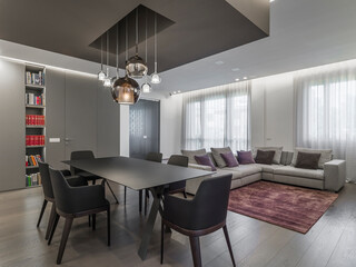Interior view of a modern living room with a wooden floor i