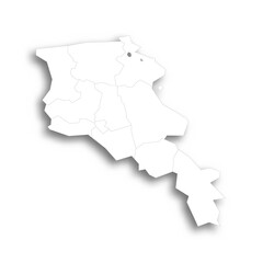 Armenia political map of administrative divisions - provinces and autonomous city of Yerevan. Flat white blank map with thin black outline and dropped shadow.