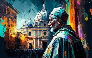 Abstract painting concept. Colorful art of a the Pope with Saint Peter in the Vatican,  Rome. Mediterranean culture. Generative AI. - obrazy, fototapety, plakaty