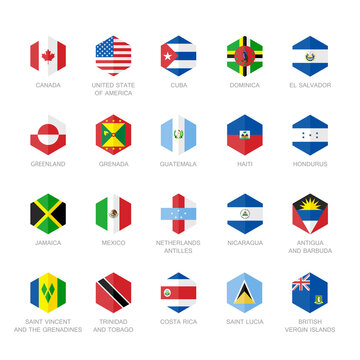 North America and Caribbean Flag Icons. Hexagon Flat Design.