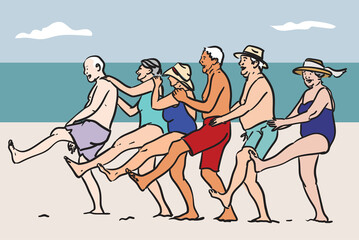 Personnes âgées à la retraite, profitant de la vie en vacances sur la plage - obrazy, fototapety, plakaty