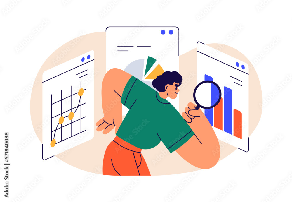 Poster business data research, analysis concept. person with magnifying glass analyzing finance and marketi