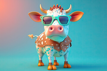 Funny childish cow wearing sunglasses on a light color background. Generative AI