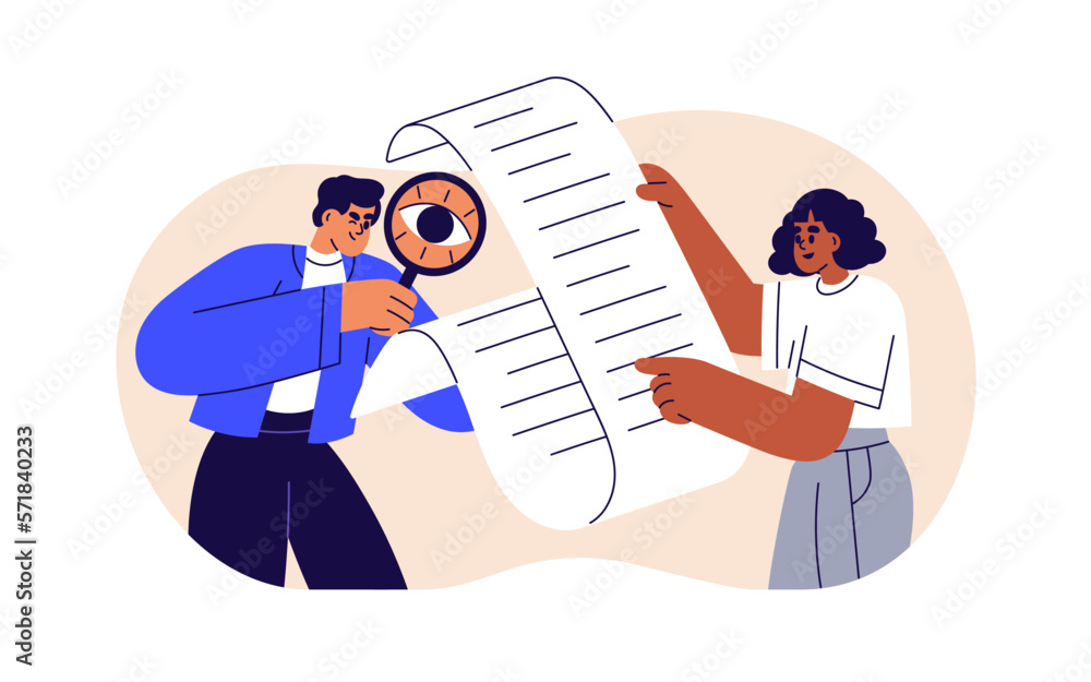 Poster studying information, case in business paper document. checking, analyzing, inspecting text, searchi