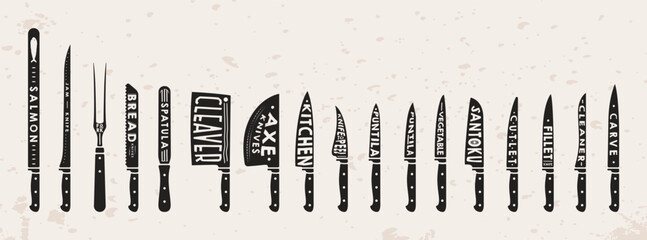 Set of Vintage monochrome Knives object  with typography vector Illustration