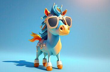 Funny childish orange horse wearing sunglasses on blue background. Generative AI