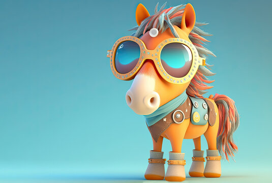 Funny childish orange horse wearing sunglasses on blue background. Generative AI