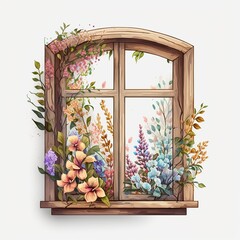 Beautiful Colorful Floral Brown Wood Window Watercolor, Isolated on White Background - Generative AI