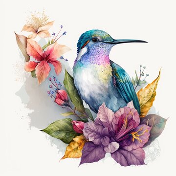 Colorful Cute  Hummingbird with Colorful Flowers Watercolor, Isolated on White Backgound - Generative AI